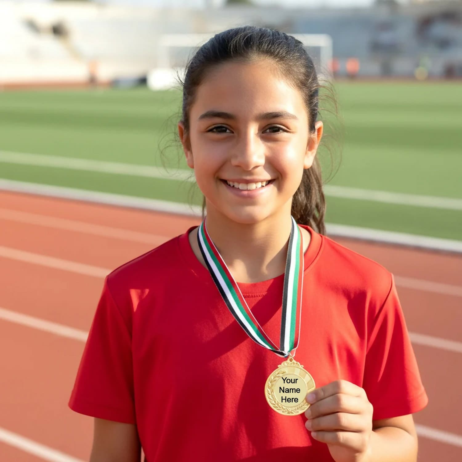 Customize Gold Winner Medal with Tricolor Ribbon Elegant Sports Award