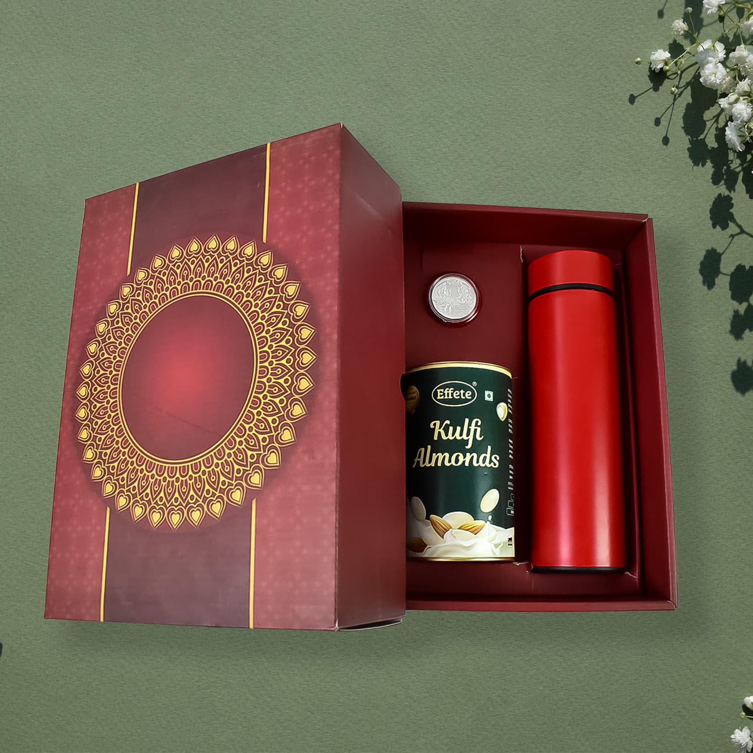 Personalized Temperature Water Bottle, Silver color Coin & Chocolate (With Attractive Multi Color Box / 3 Pc Set) — image 1