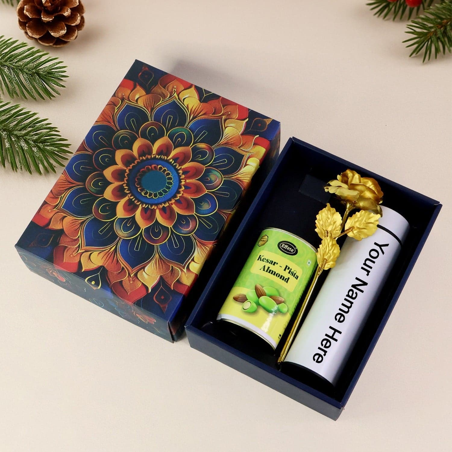 Personalized Temperature Water Bottle, Effete Kesar Pista Almonds Gift Hamper, Golden Rose With Bottle (3 Pc Set) — image 1