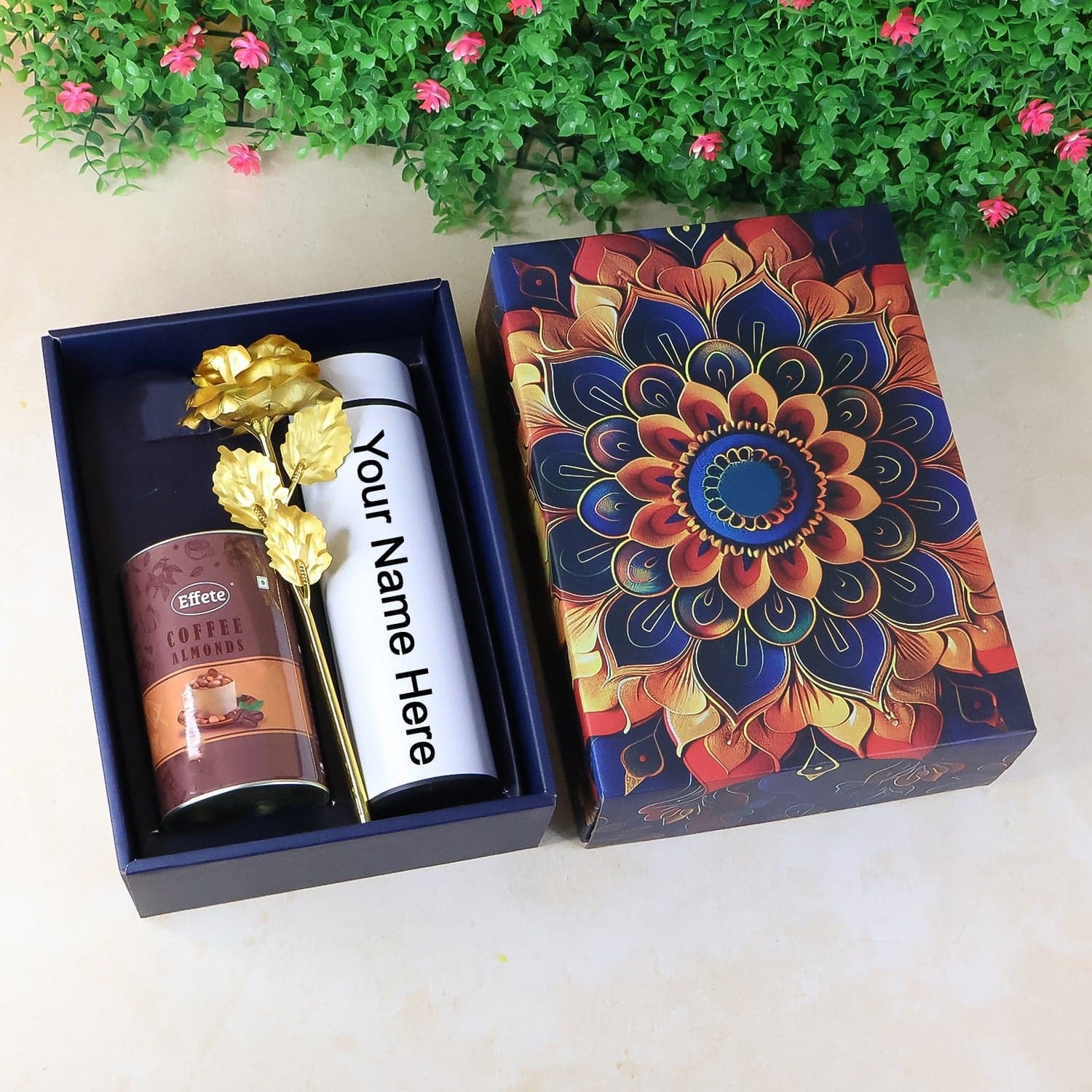 Personalized Temperature Water Bottle, Effete Coffee Almonds Gift Hamper, Golden Rose With Bottle (3 Pc Set) — image 1