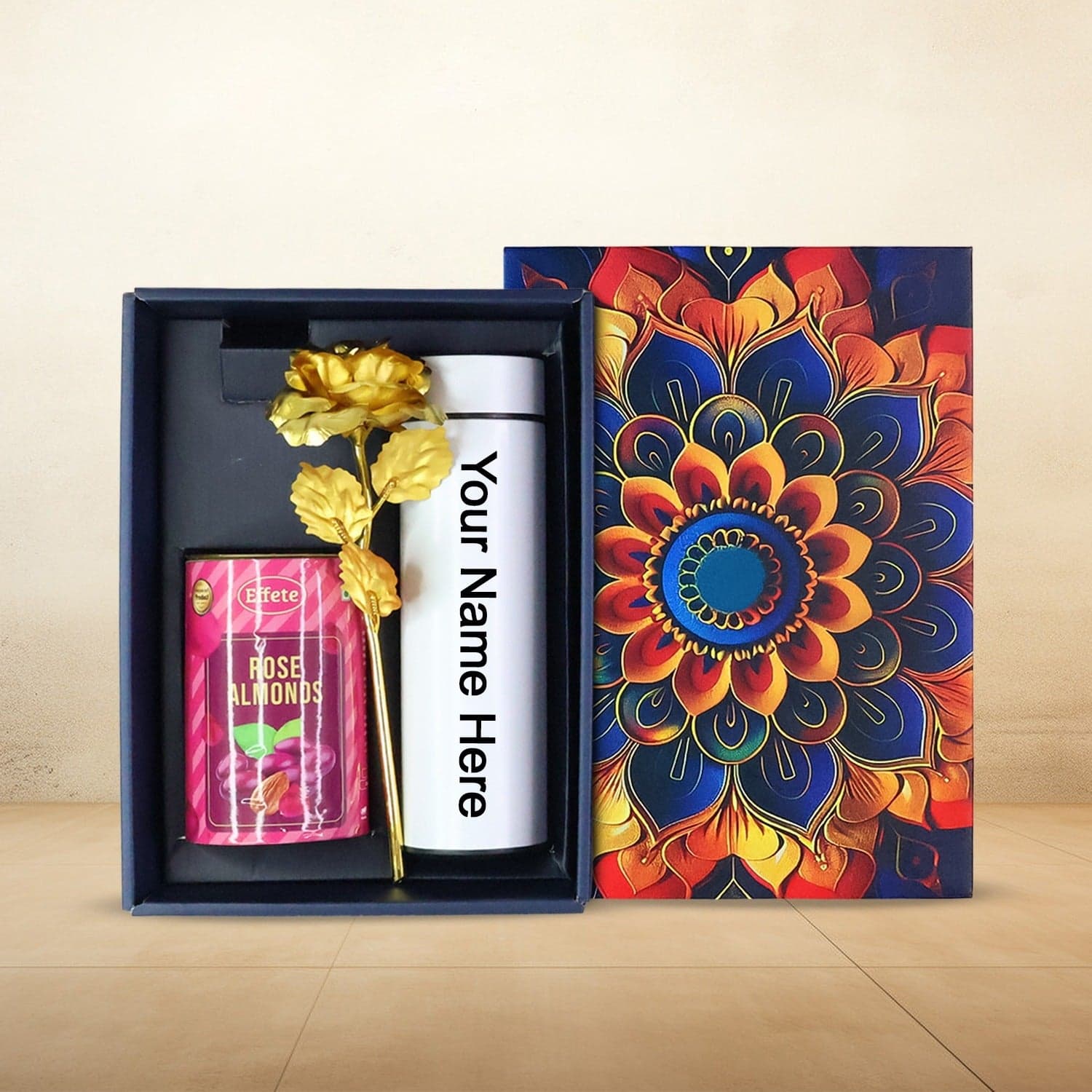 Personalized Temperature Water Bottle, Effete Rose Almonds Gift Hamper, Golden Rose With Bottle (3 Pc Set) — image 1