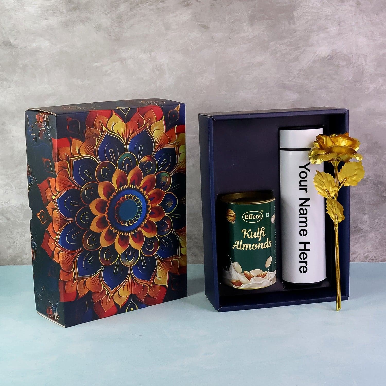 Personalized Temperature Water Bottle, Effete Kulfi Almonds Gift Hamper, Golden Rose With Bottle (3 Pc Set) — image 1
