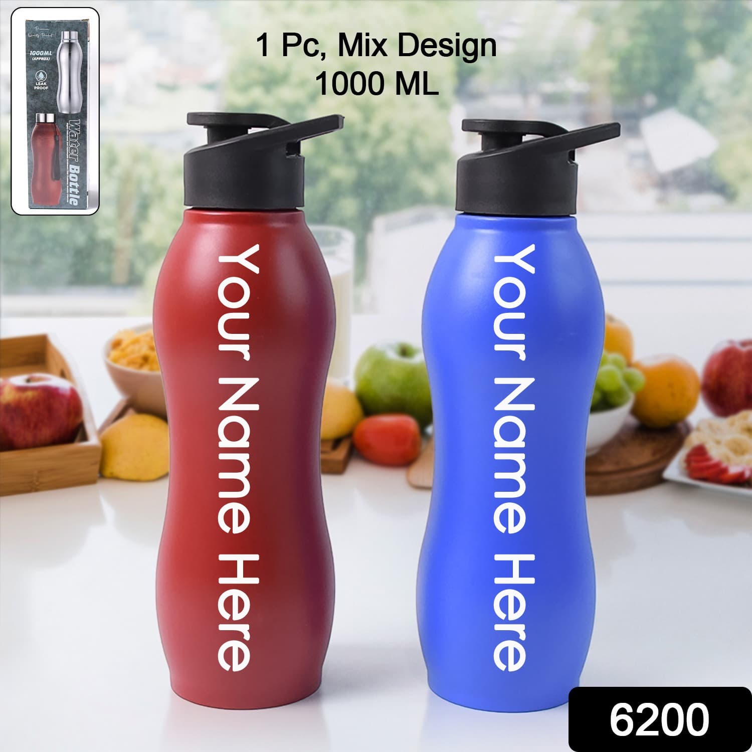 Customized / Personalized Stainless Steel Water Bottle (1000ML / Mix Colour / 1 Pc / Matte) — image 1